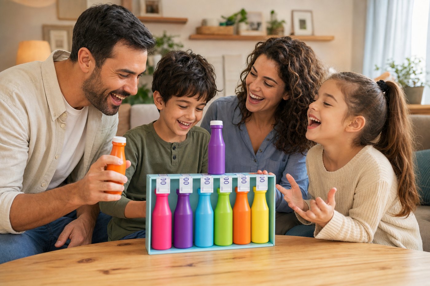 משפחה צוחקת סביב שולחן הסלון ומשחקת בנחש ת'בקבוק
