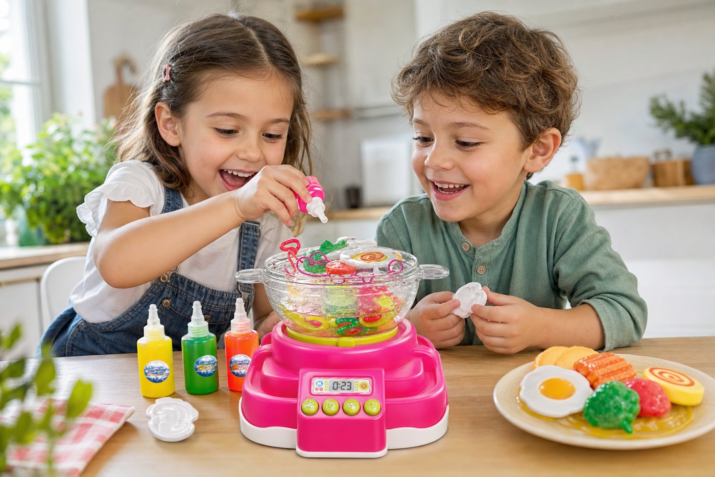 ילדים מבשלים ניסוי מדעי צבעוני בסיר הפלא על שולחן המטבח